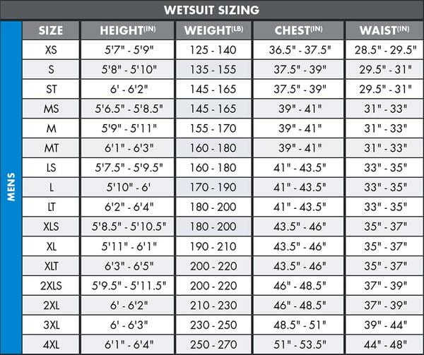 oneill mens wetsuit size chart - Eastern Watersports